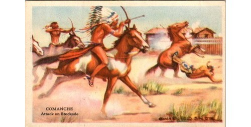 COMANCHE Attack Stockade Card 1940s Indians USA Educational Pictures Rosner Art