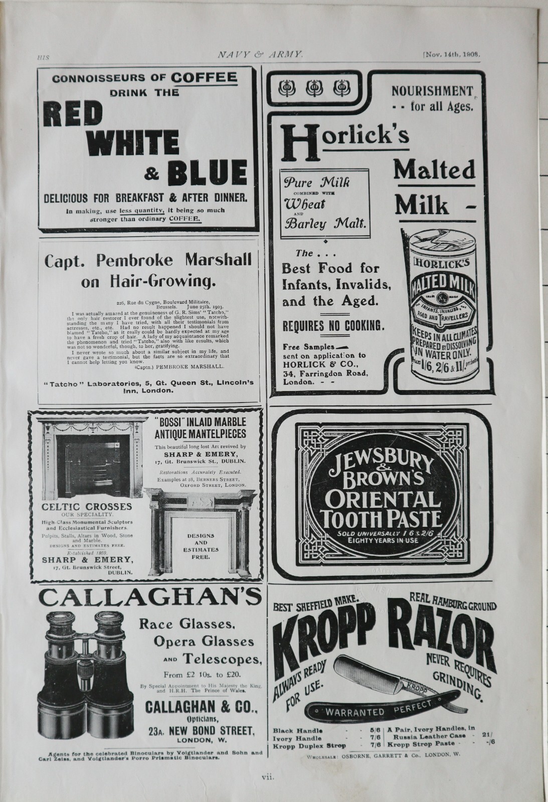 1903 PRINT ADVERT RED WHITE & BLUE COFFEE JEWSBURY & BROWN TOOTHPASTE CALLAGHAN