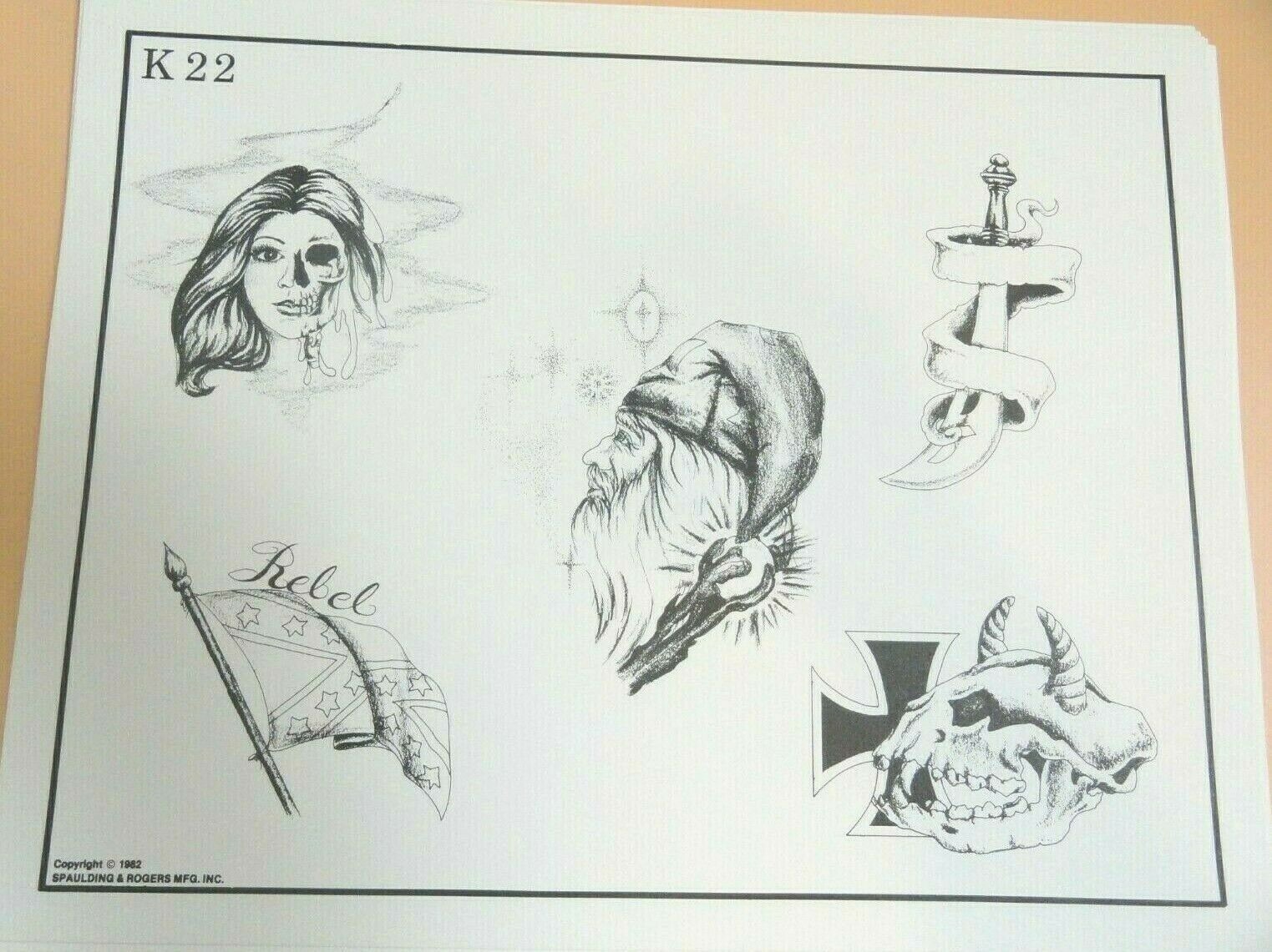 Vintage 1982 RARE Spaulding & Rogers Tattoo Flash Sheet K22 Wizard Flag Sword