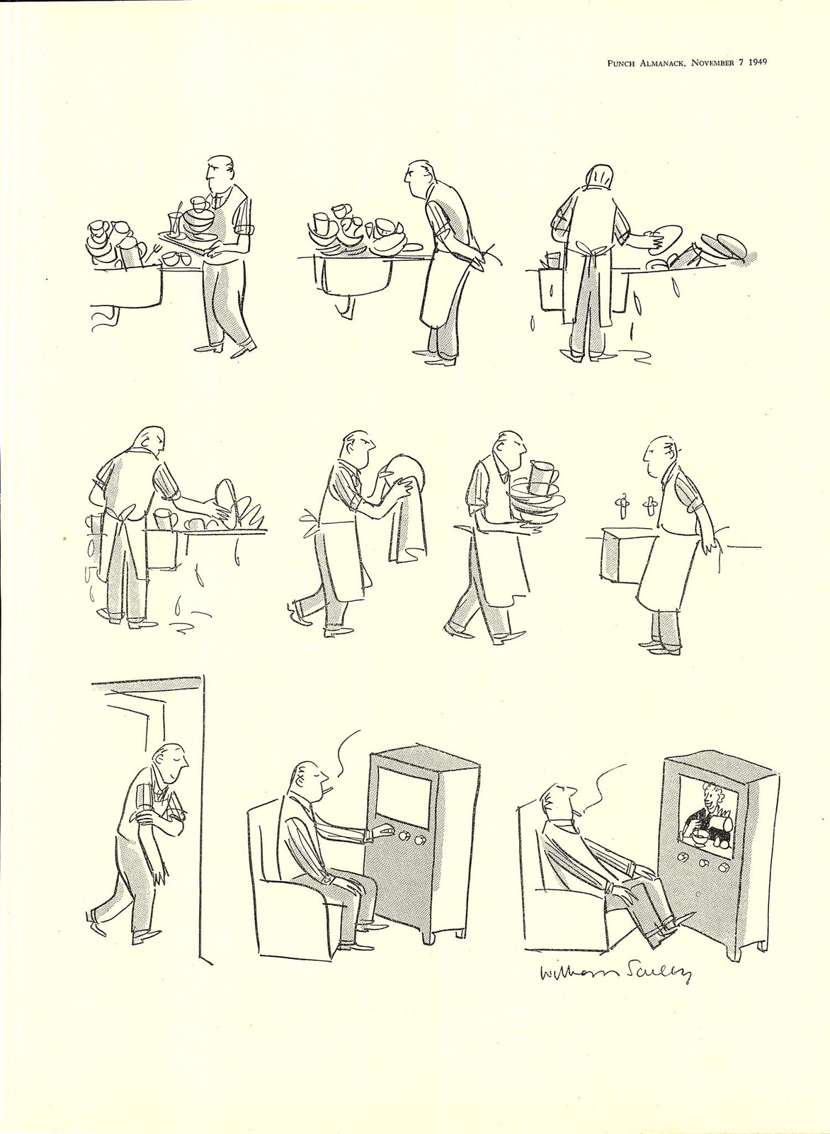 Original 1949 Punch Cartoon Print – ‘A Man’s Work in the Kitchen is Never done!’
