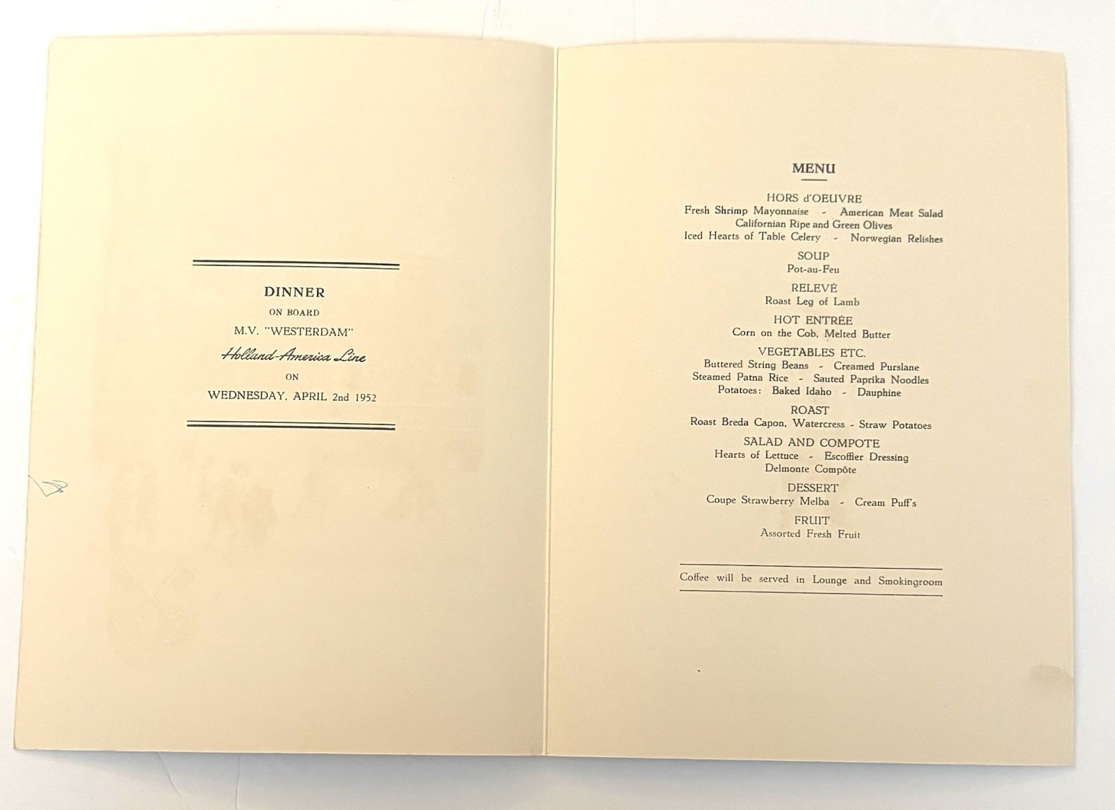 Vtg 1952 Dinner Menu Holland American Cruise Line April 2nd 1952
