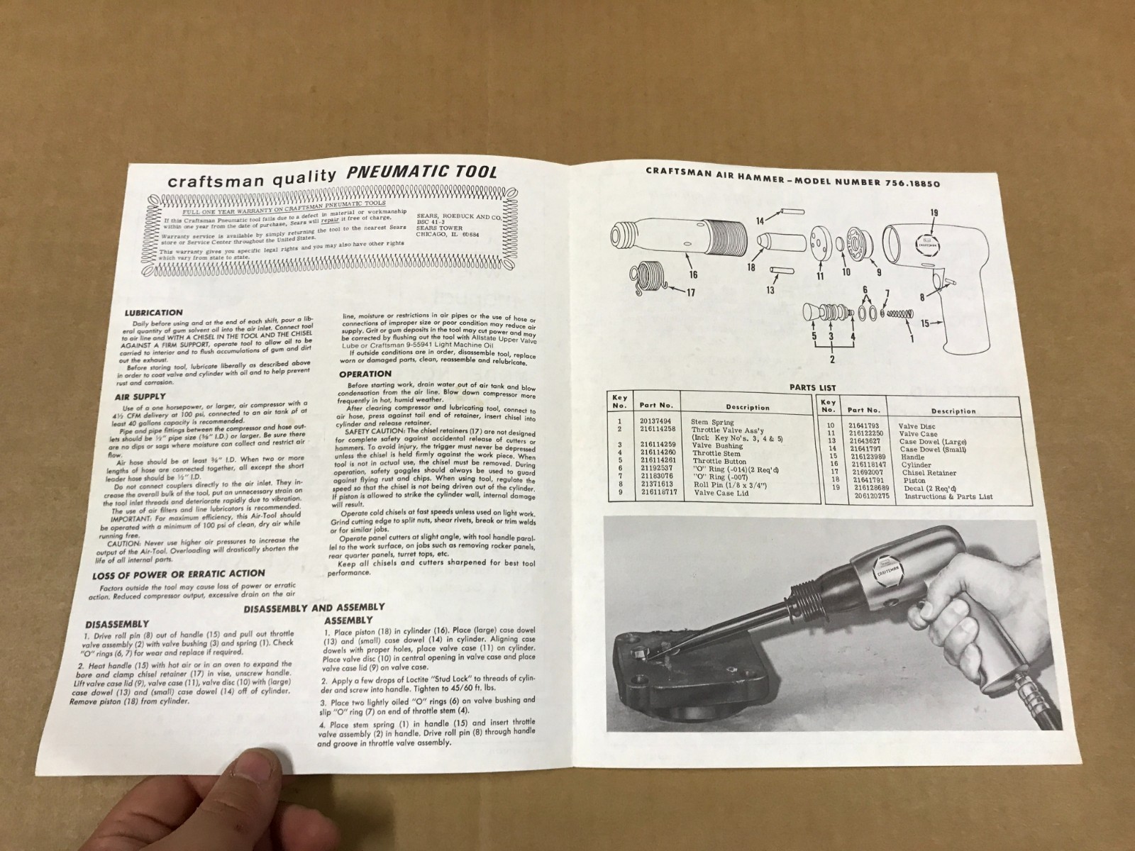 Vintage Sears Craftsman Air Hammer Owner’s Manual