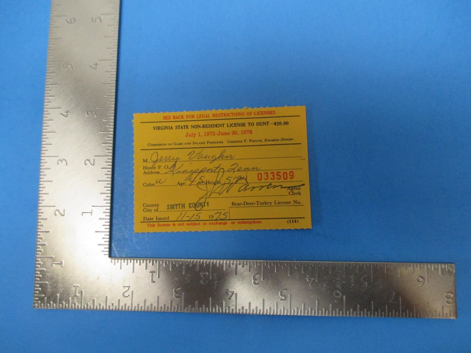 Vintage 1975 Virginia Non-Resident License to Hunt, Jerry Vaughn, S1775