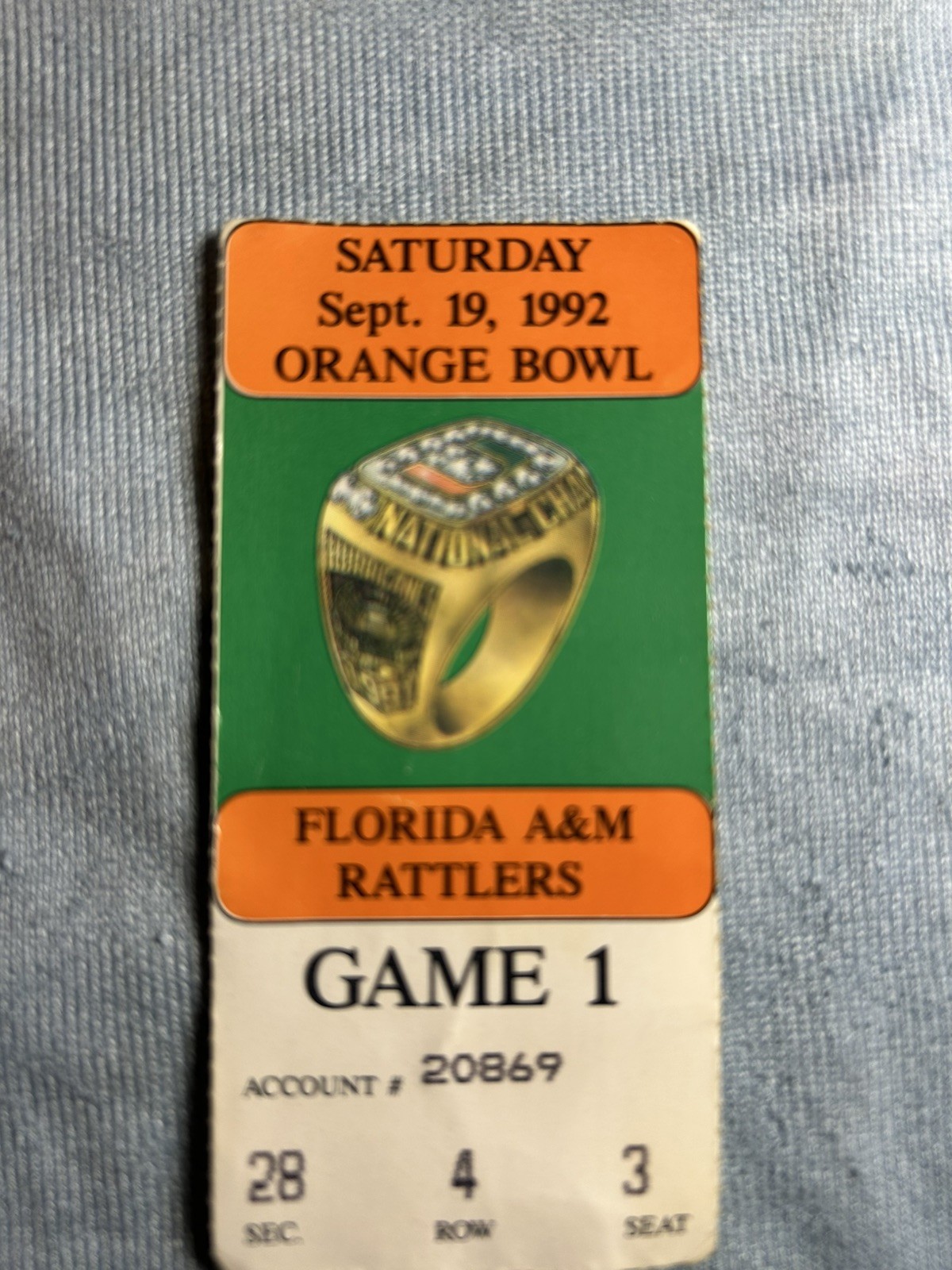 Miami Hurricanes Ticket Stub 1992 Orange Bowl Stadium Vs Florida A&M Game 1