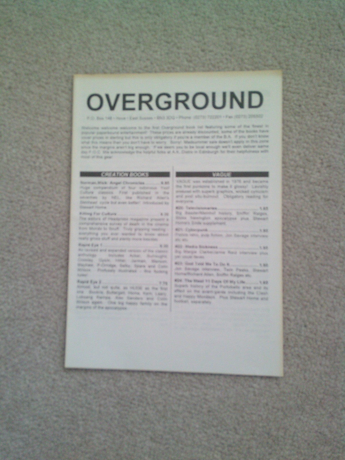 FIRST OVERGROUND RECORDS BOOKS CATALOGUE LIST 1995