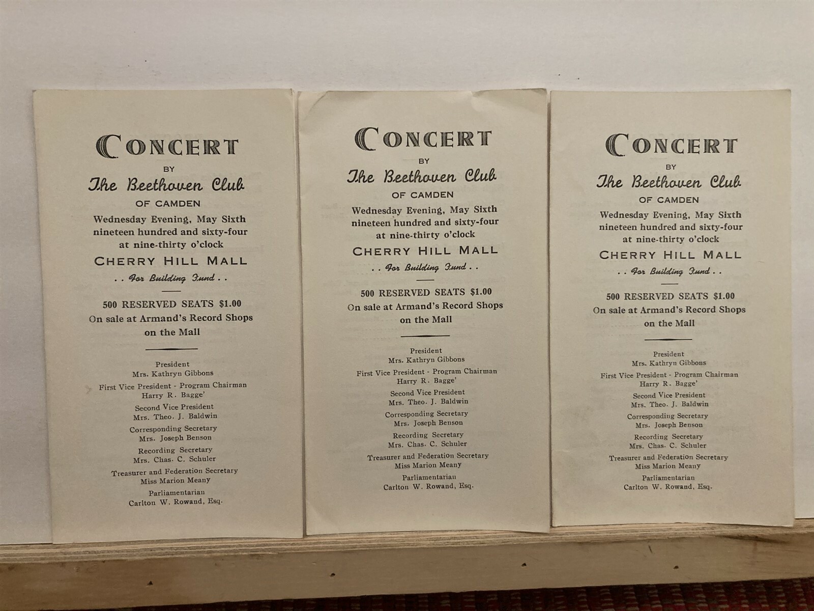 1964 Beethoven Club of Camden Cherry Hill Mall Concert Program New Jersey NJ Vtg