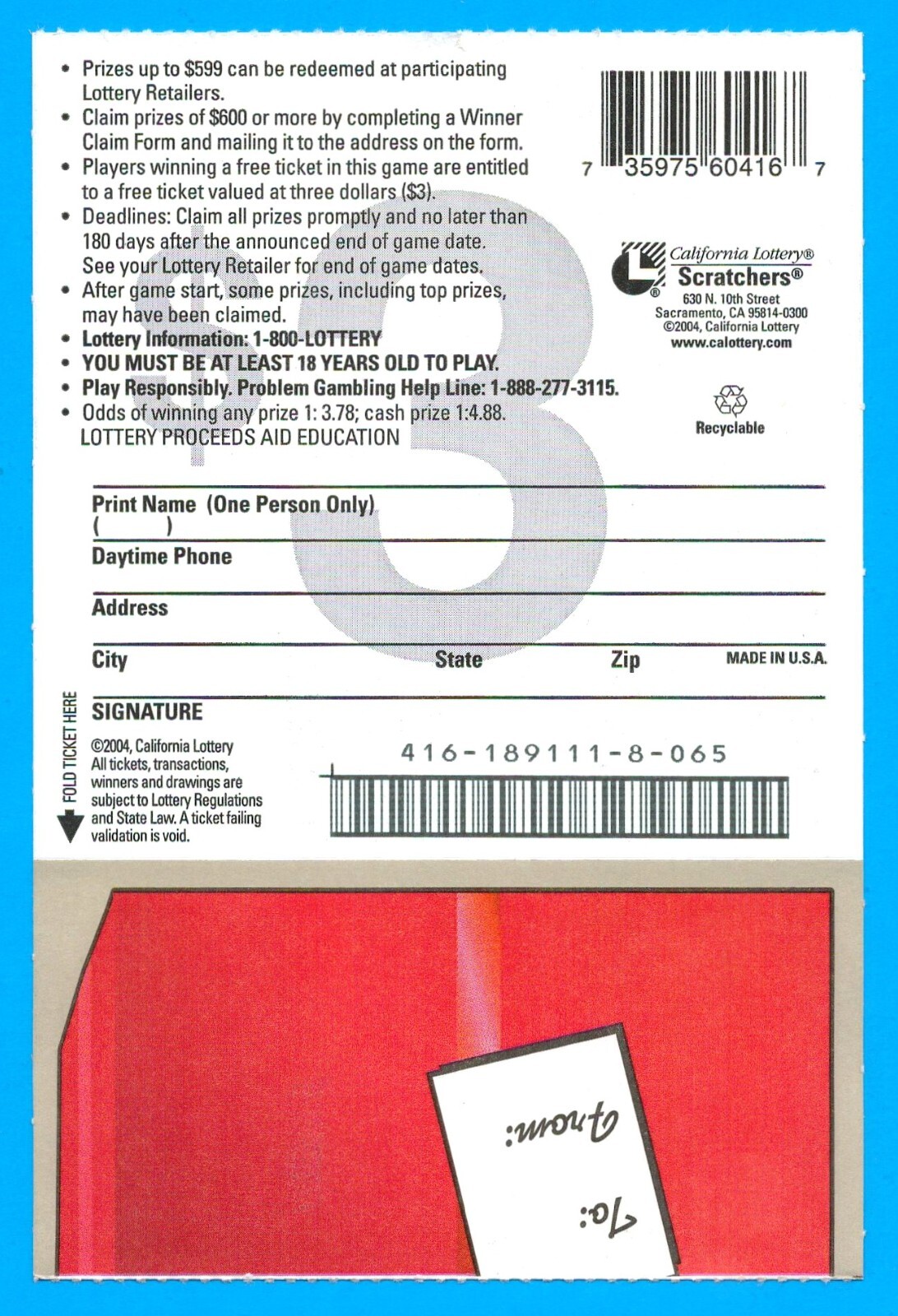 2004 California Lottery scratch ticket expired MINT Christmas Holiday ephemera