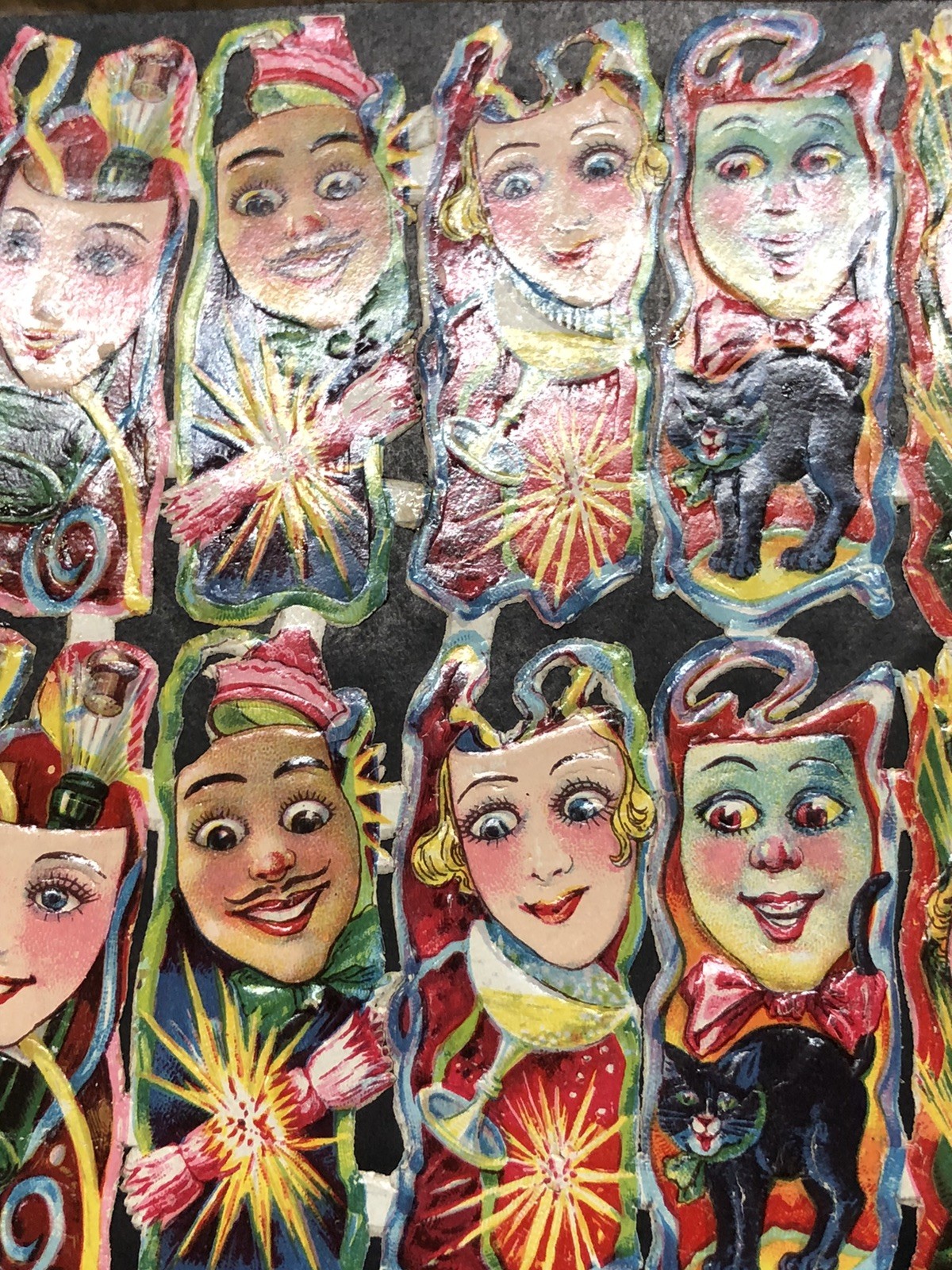 Black Cats & Masks w/ Faces Die Cut Scraps Glued on Paper Double Sided L17