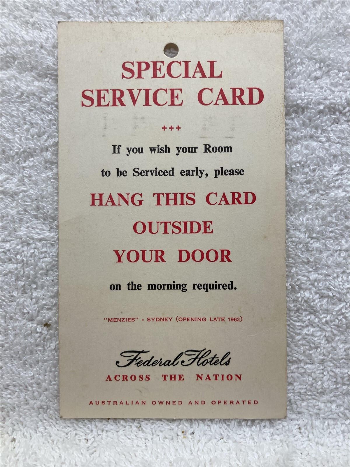 1960’s Federal Hotels Australia Door Card Room Service Vtg