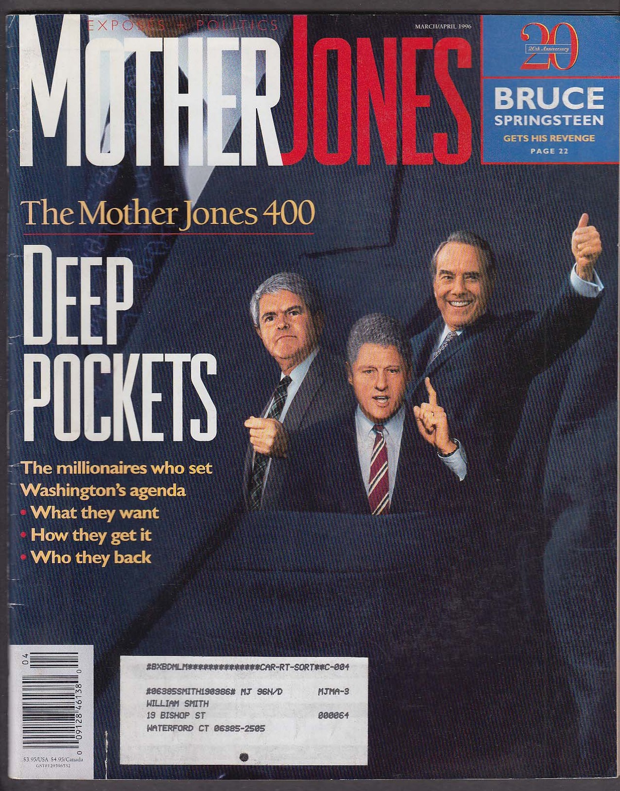 MOTHER JONES Newt Gingrich Bill Clinton Bob Dole Bruce Springsteen 3-4 1996