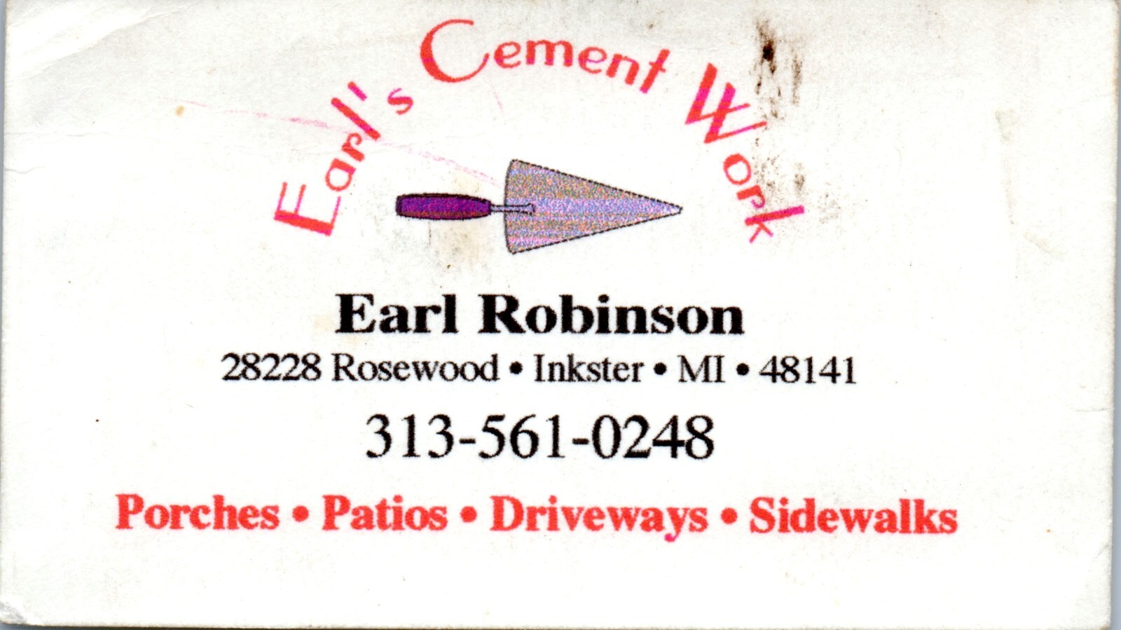 Earl Robinson Earl’s Cement Work Inkster Michigan Business Card Porches Patios