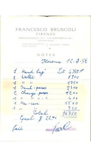 Francesco Bruscoli Leather Receipt & Folder 1958 Italy Florence Document