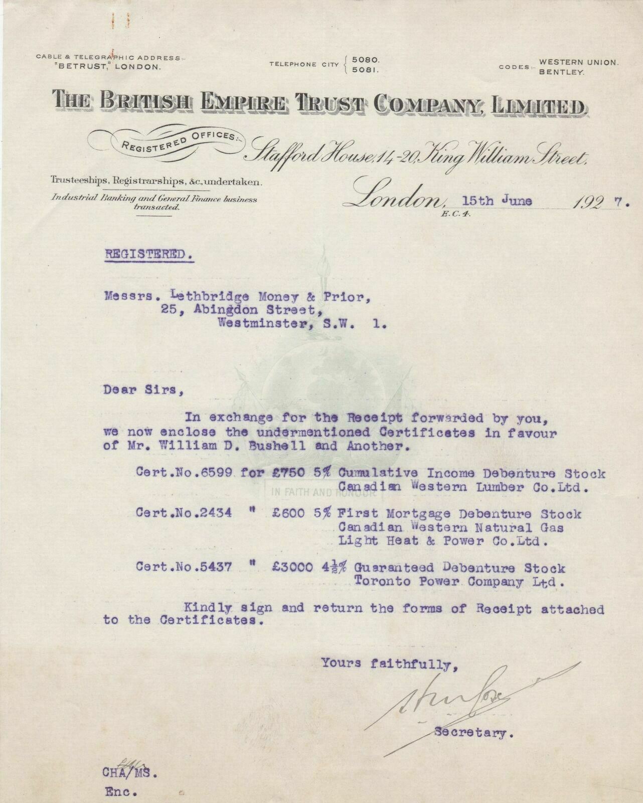 THE BRITISH EMPIRE TRUST COMPANY, LIMITED.London 1927 Certificates Letter 46270