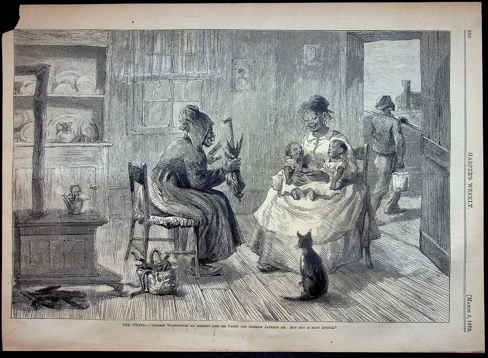 Black Americana Birth Of Twins Print Harper’s 1875 Home Life Sitting By Grandma