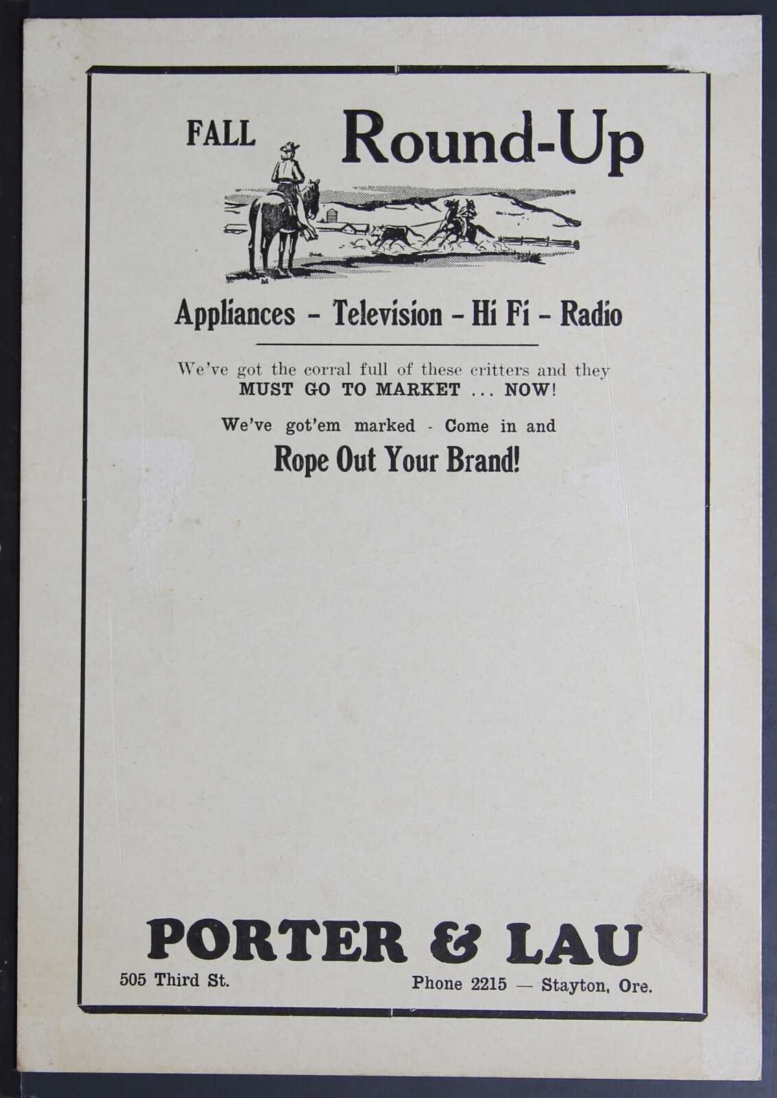 Ad – Porter & Lau Appliance TV Sales – Fall Round Up Sale Stayton Oregon EPH505