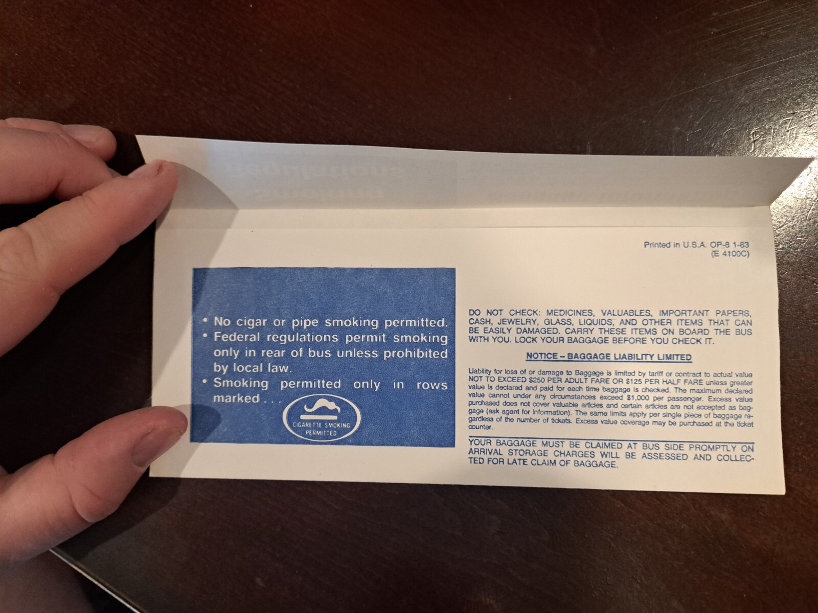 1983 Greyhound Bus Lines Ticket Envelope with Smoking Regulations allowing It