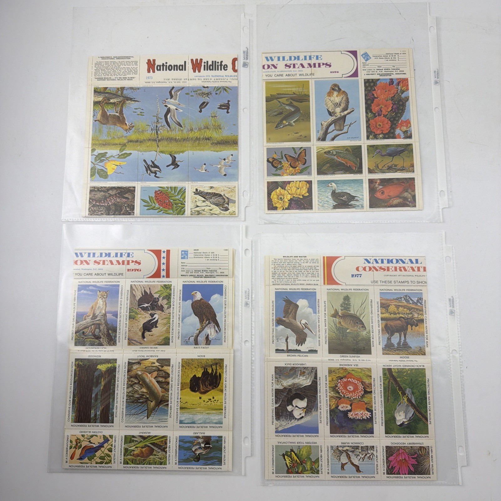 4 Large NWF Wildlife Conservation Stamp Sheets Lot 1973–1977 Birds Nature Art