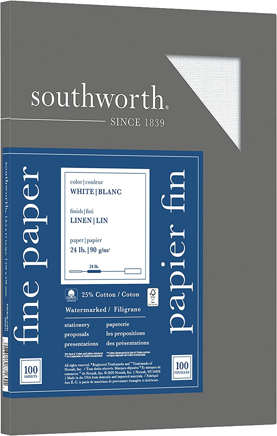 ® 25% Cotton Linen Business Paper, White, Letter (8.5″ X 11″), 100 Sheets per Pa