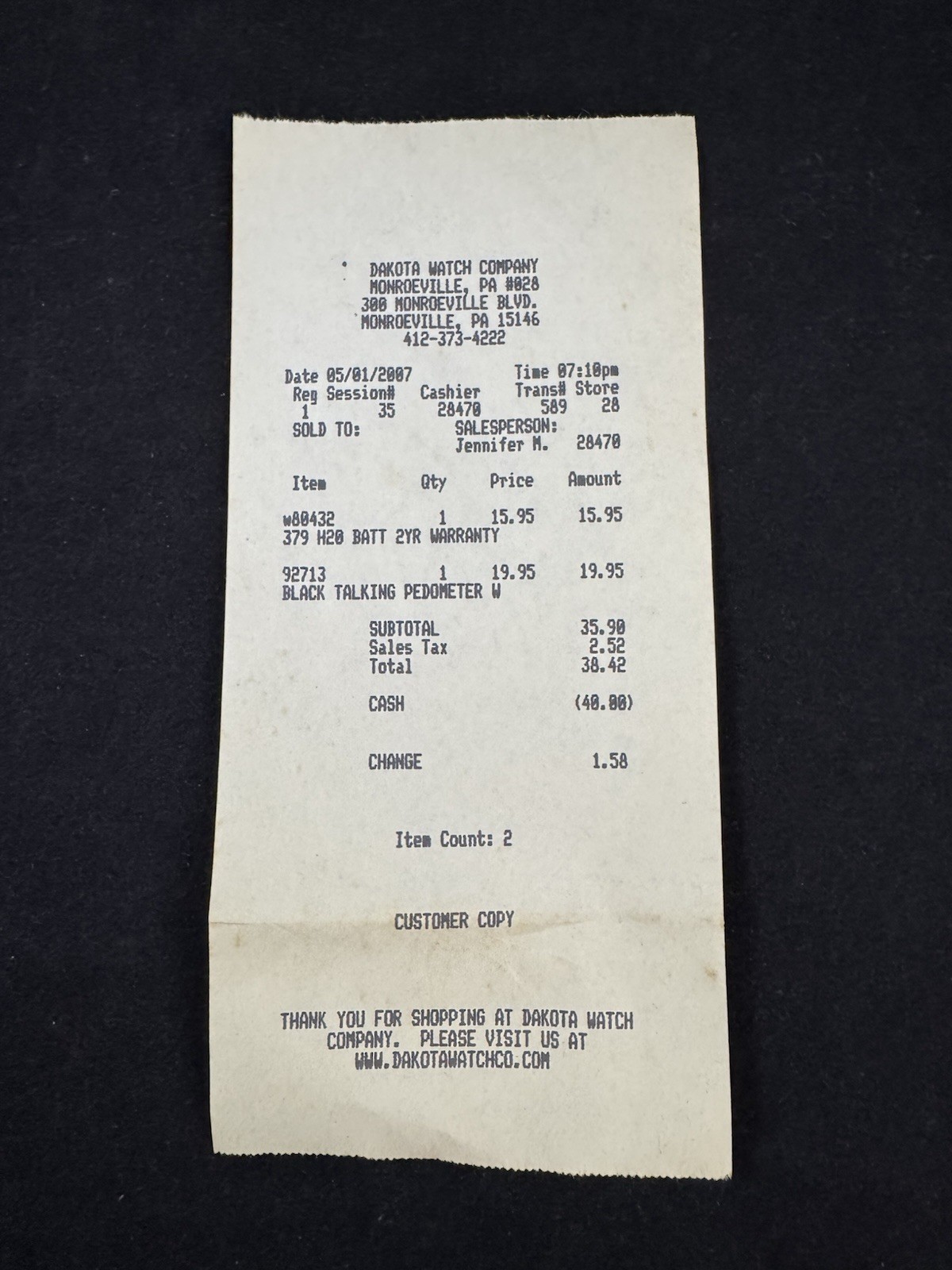 Dakota Watch Company Monroeville Mall 2007 Paper Receipt