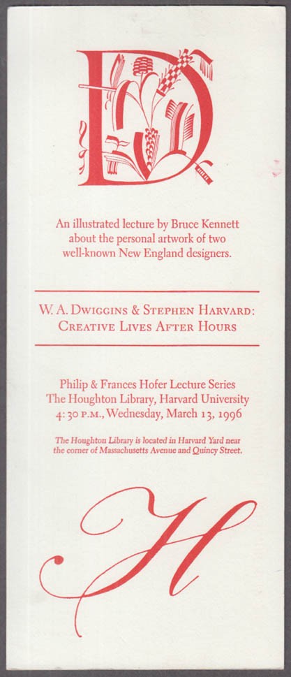 Bruce Kennett Lecture on W A Dwiggins & Stephen Harvard invitation 1996