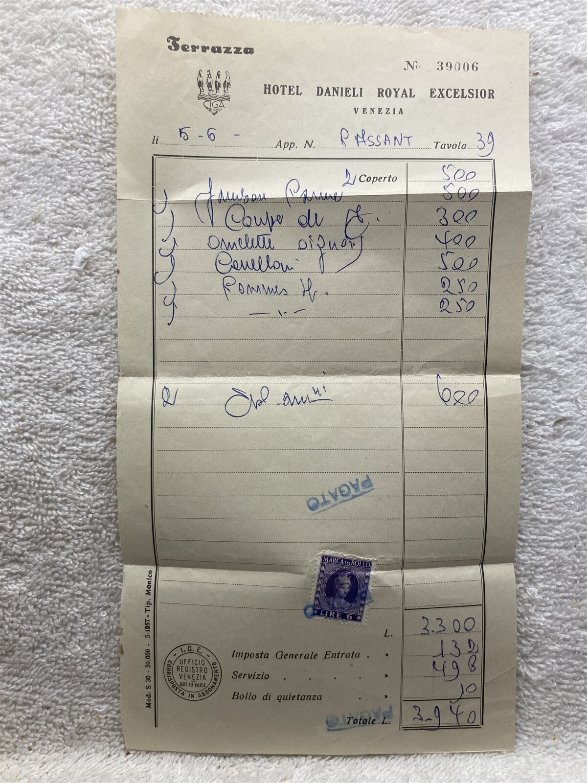 1939 Hotel Danieli Royal Excelsior Venezia Receipt Venice Italy Greece Terrazza