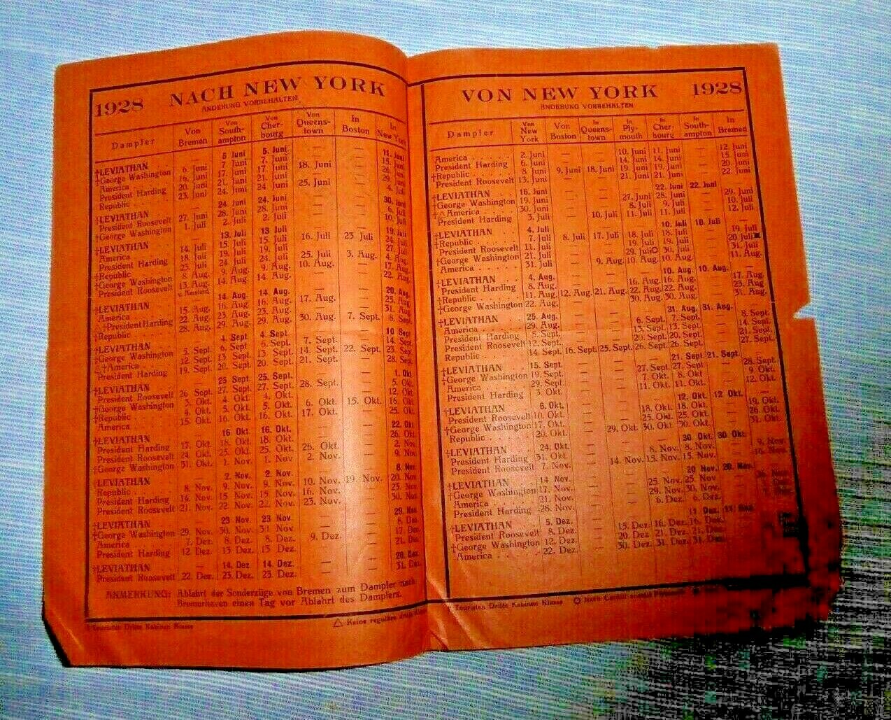 VINTAGE TIMETABLE UNITED STATES LINES NEW YORK TO BREMEN SHIP LEVIATHAN 1928