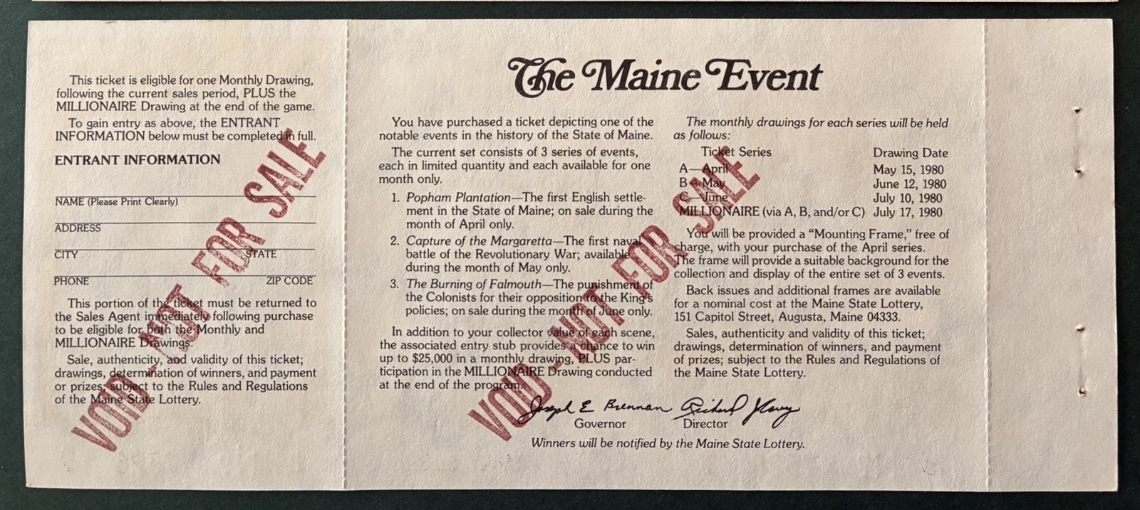 1980 Maine Millionaire Lottery Ticket 1st Revolution Naval Battle, no cash value