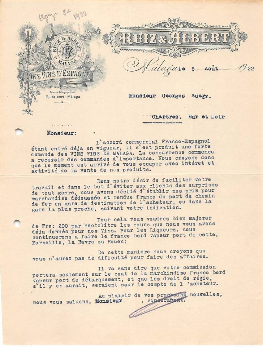 Invoice AM20109 Spain Malaga 1922 Ruiz & Albert Fine Wines From Spain
