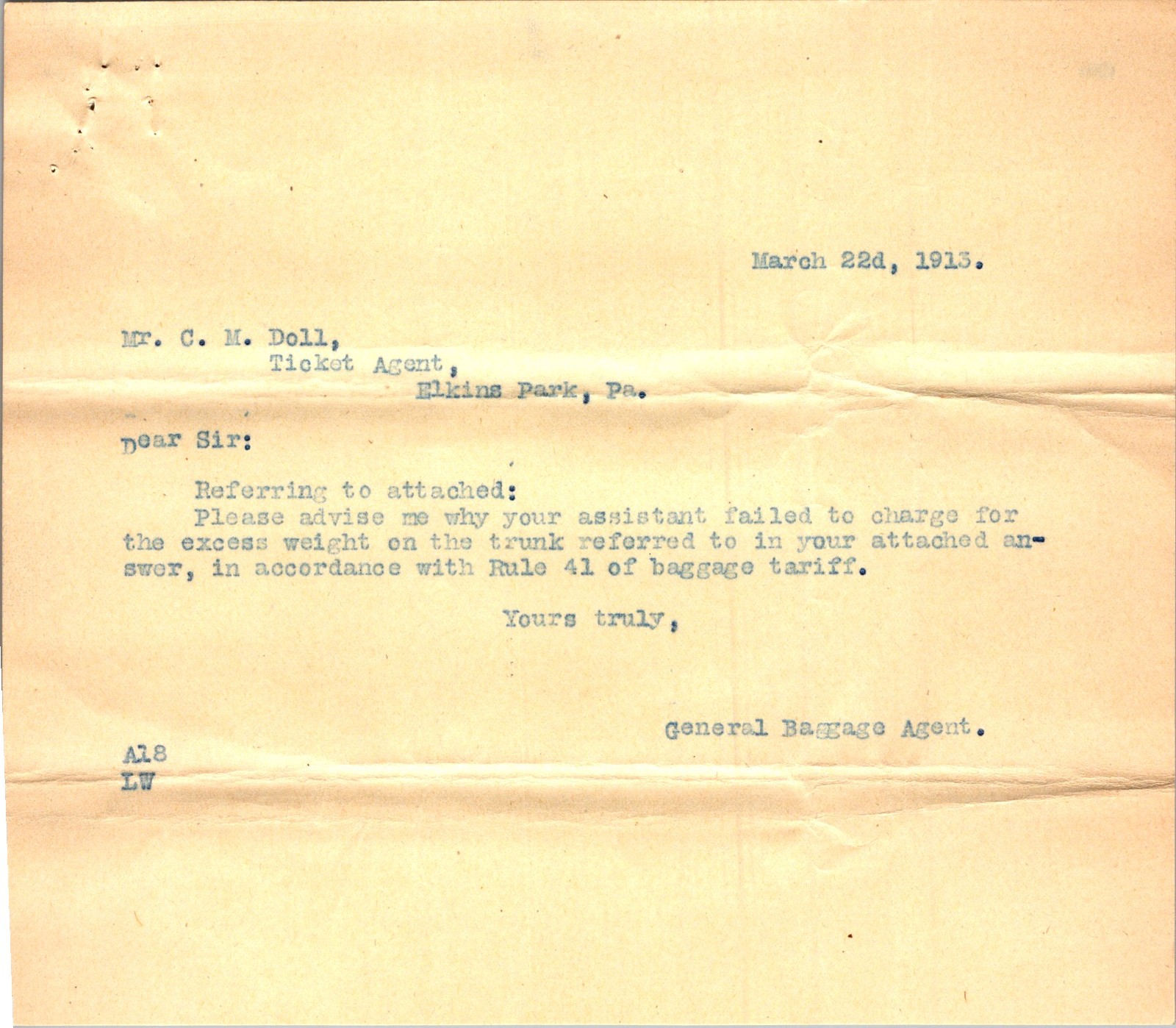 1913 General Baggage Agent Letter re Rule 41 Trunk Charge – Elkins Park PA RR