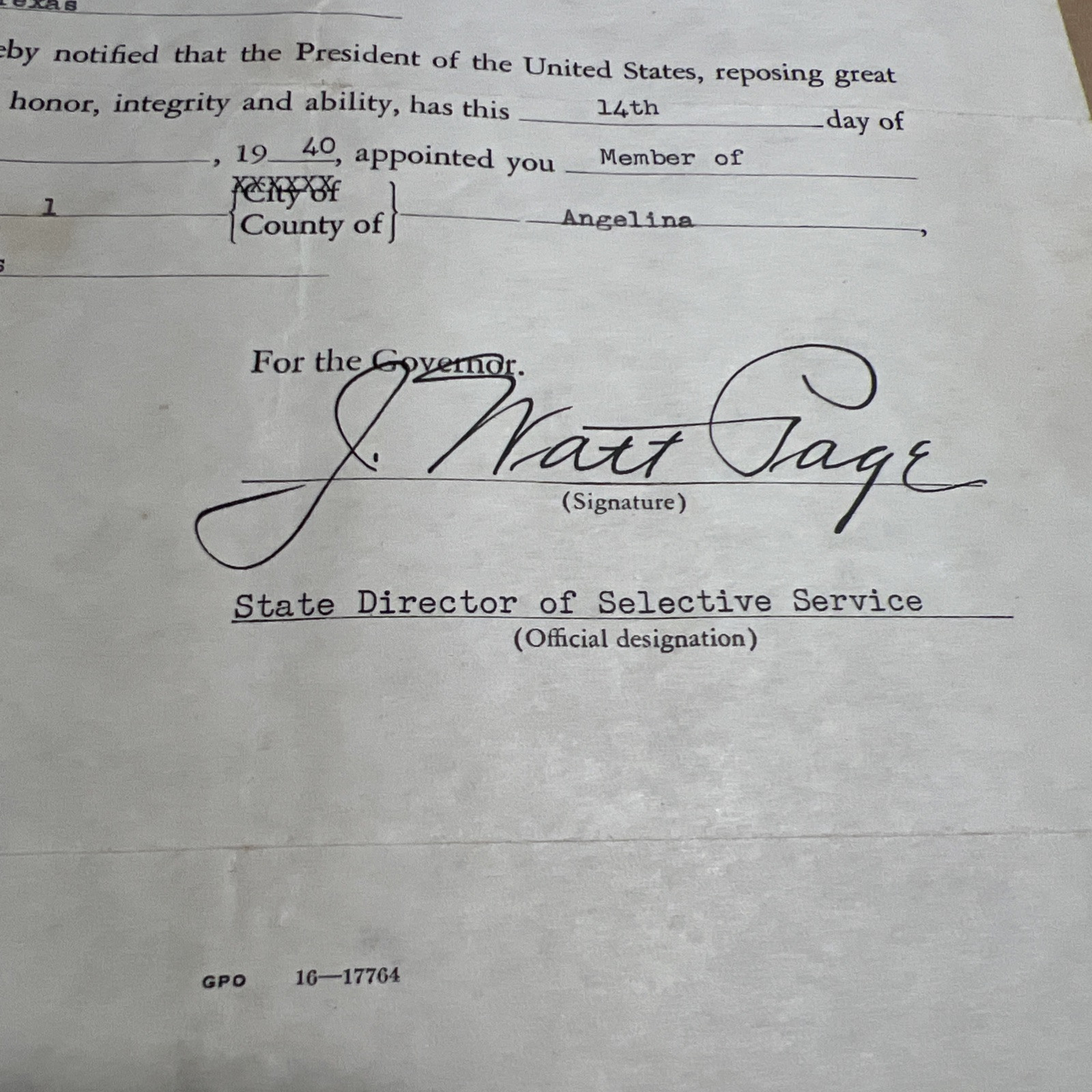 1940s Document WWII Local Board Appointment Selective Service Lufkin Texas