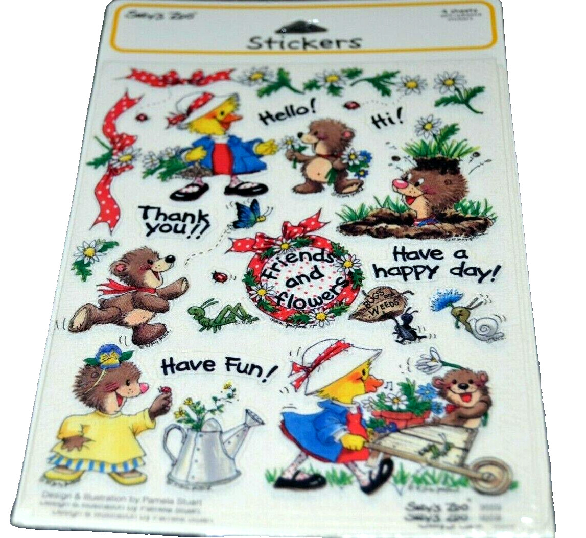 SUZY’S ZOO Stickers 4 Sheets FRIENDS AND FLOWERS 9559 BEAR CUB Sealed! Vintage