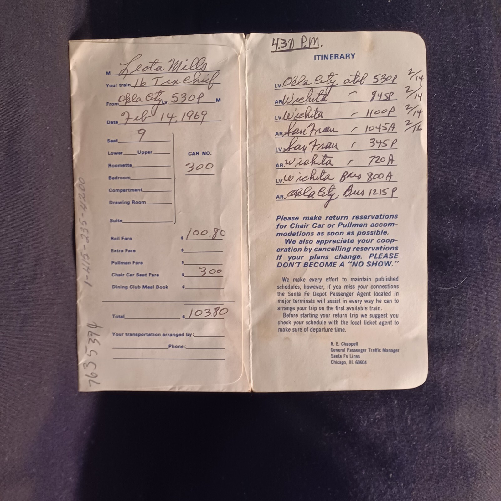 = SANTA FE CHIEF WAY TRAIN LINES JUNE 15 1968 ENVELOPE W/ USED TICKET STUB #-1