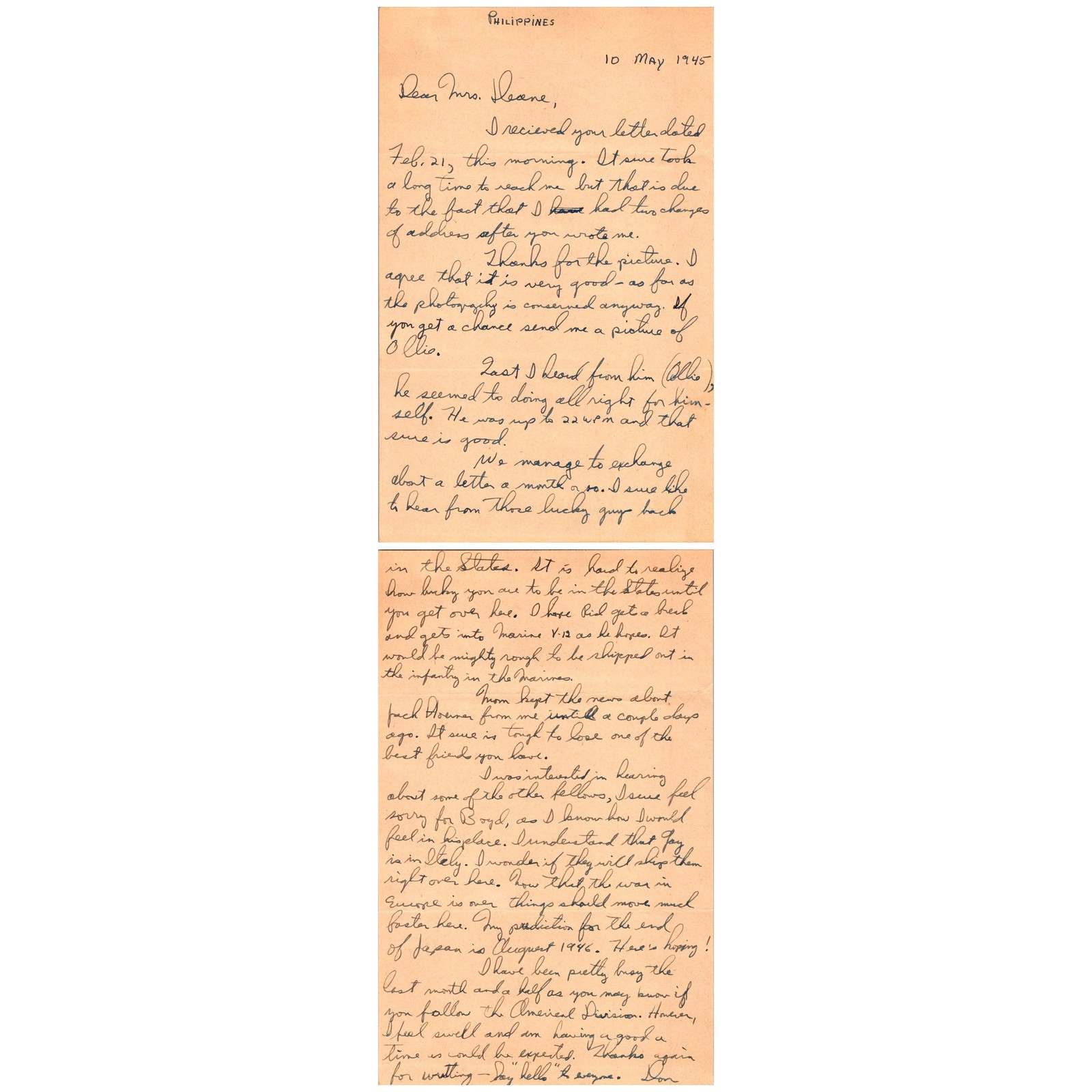 WWII Navy Letter 10 May 1945 Philippines Homefront News Americal Division