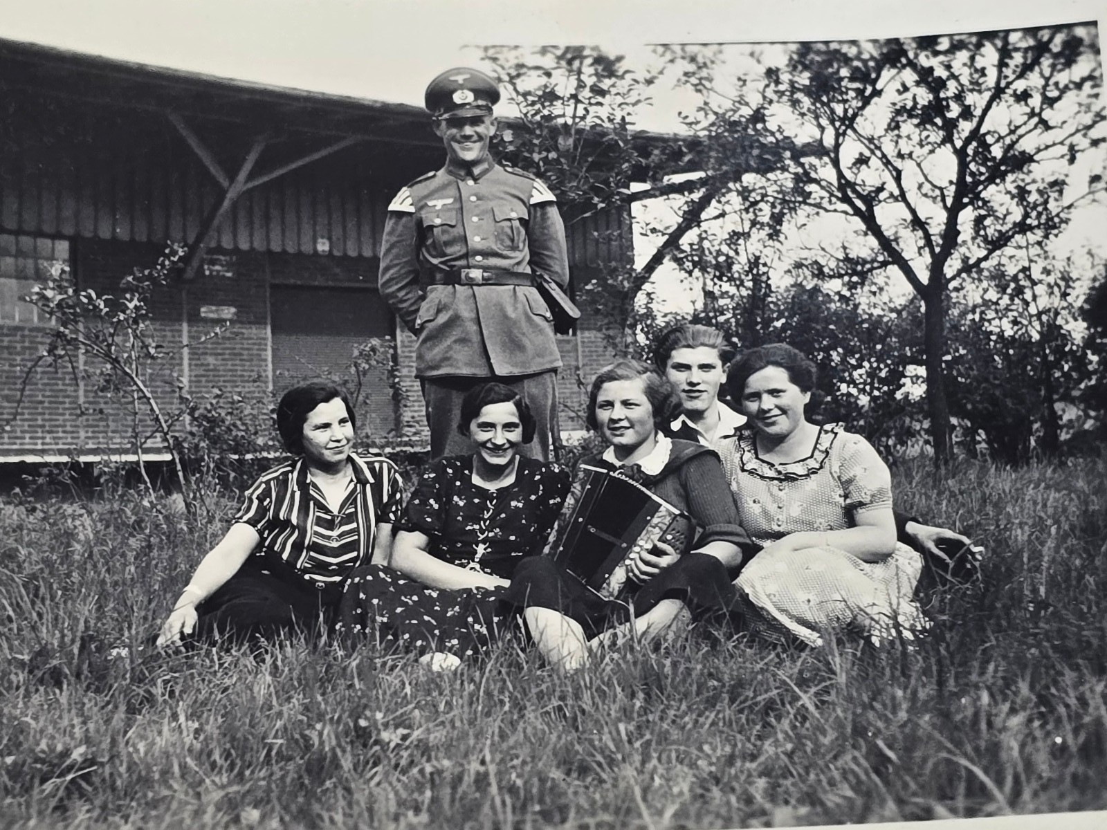 WW2 German Photo Wehrmacht Soldier w Family Group in Field Accordion Player