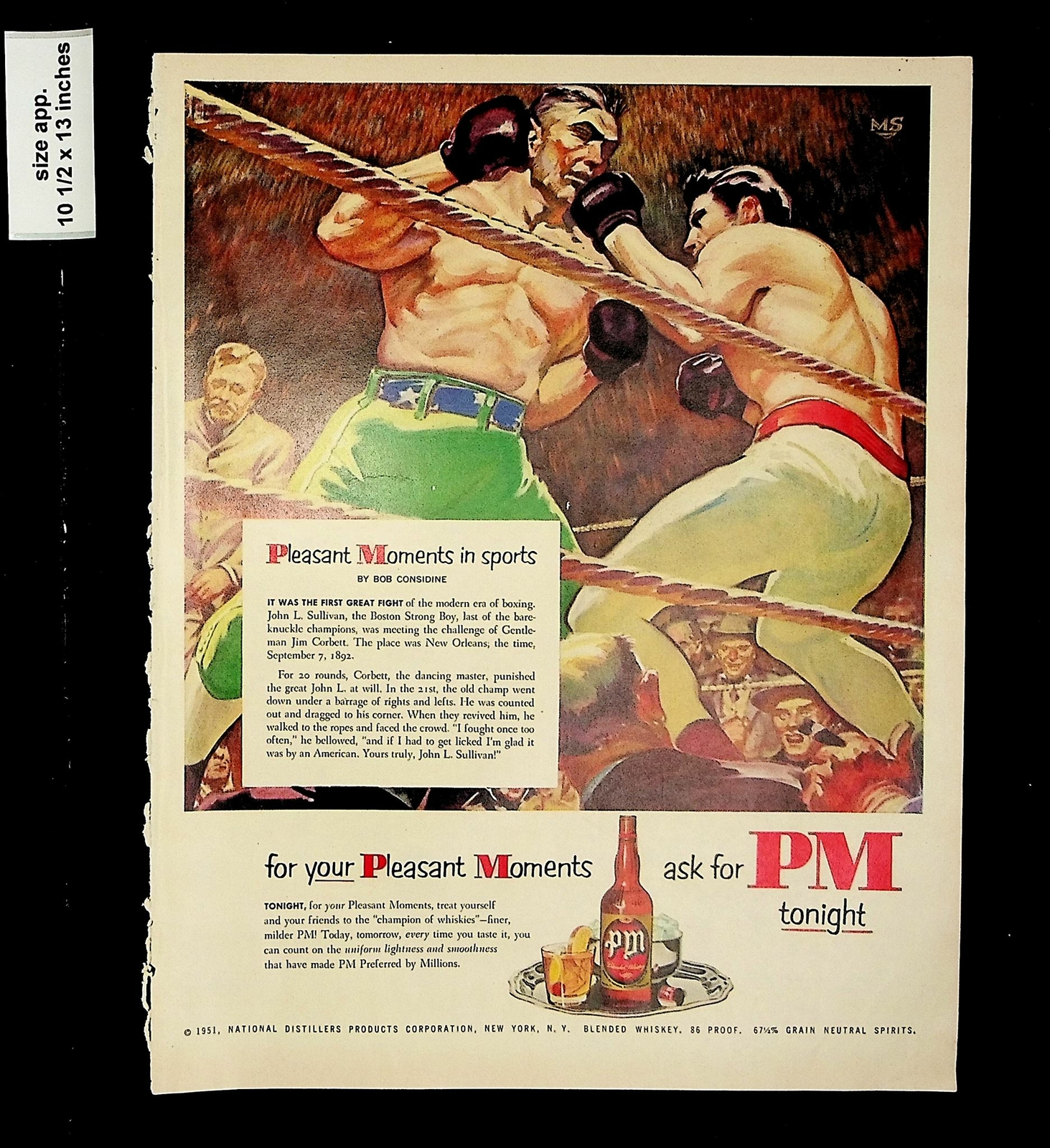 1951 PM Pleasant Moments Whiskey Boxing Fight Boxers Vintage Print Ad 17245