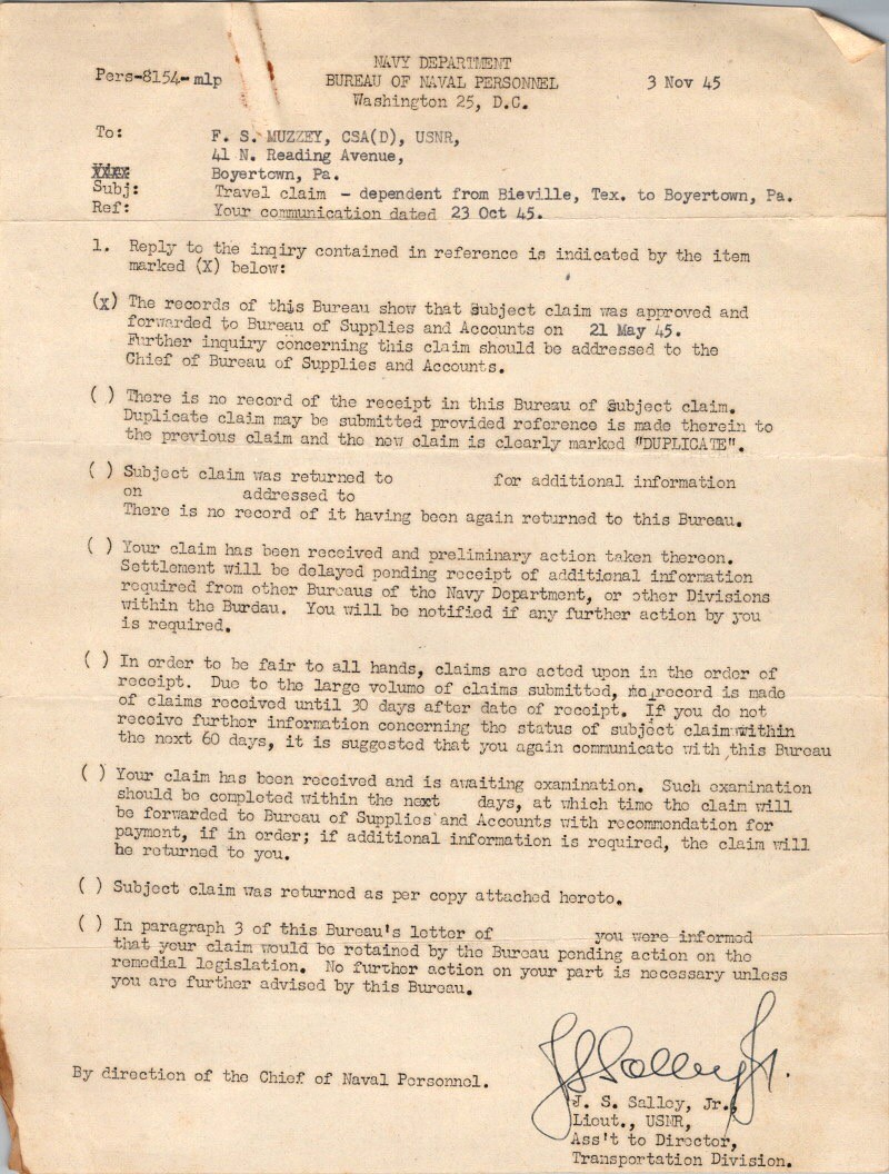 1945 US Navy Department Correspondence Bureau of Naval Personnel Form Letter