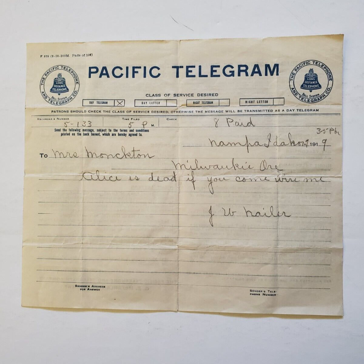 Pacific Telegram Message Form Dated January 9, 1919 Pacific Telephone Co