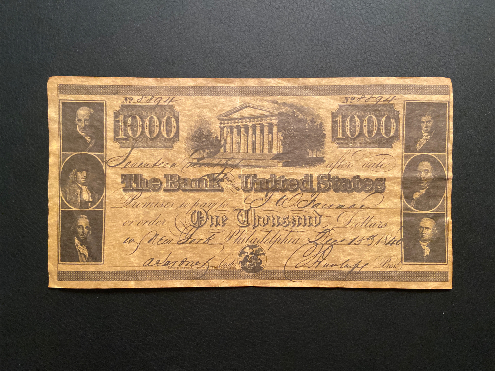 1840 $1000 Bank of United States Note #8894 Philadelphia Currency Reproduction