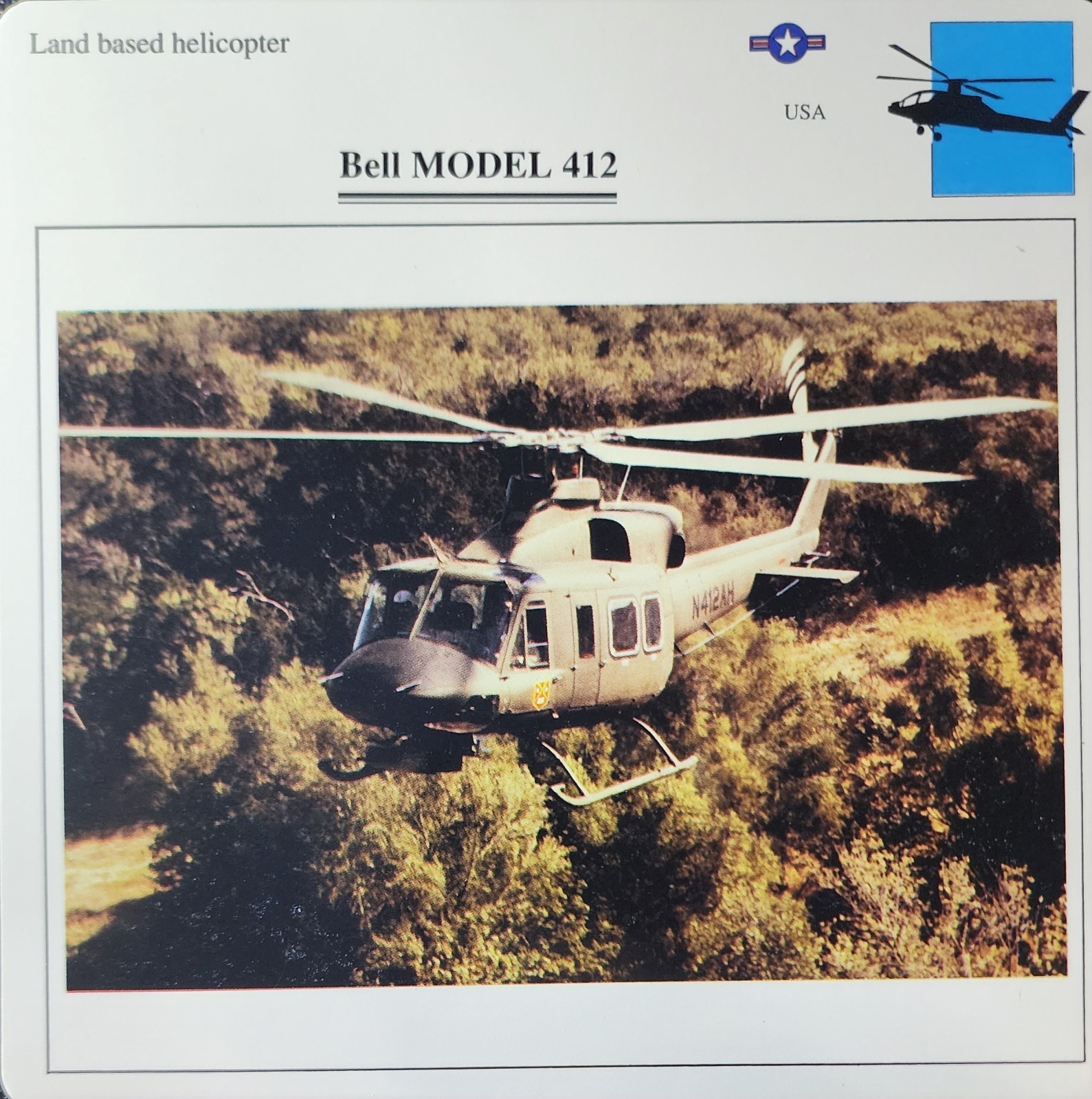 Bell 412 Helicopter Picture Original Vtg Info Details Collector Card NOS