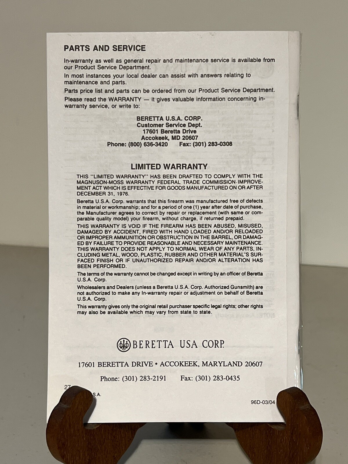 2004 BERETTA 96D .40 Caliber Instruction Manual