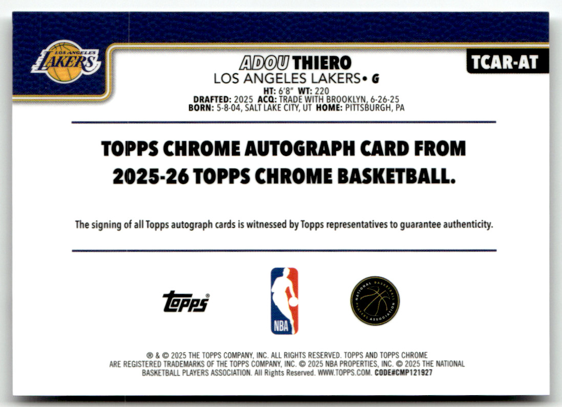 2025 Topps Chrome NBA TCAR-AT Adou Thiero Rookie Auto Base