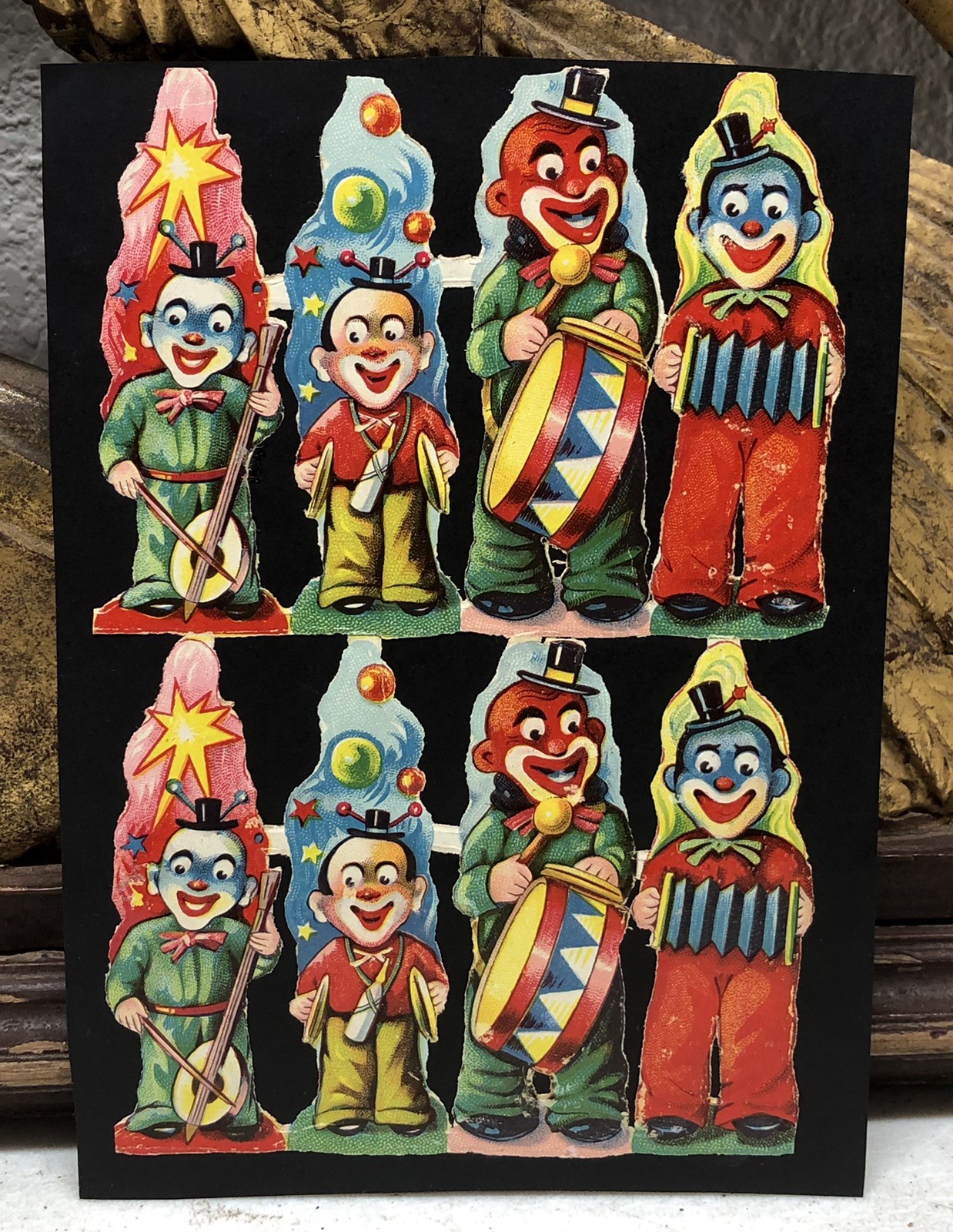 Cats in Hearts & Creepy Clowns Die Cut Scraps Glued on Paper Double Sided L5