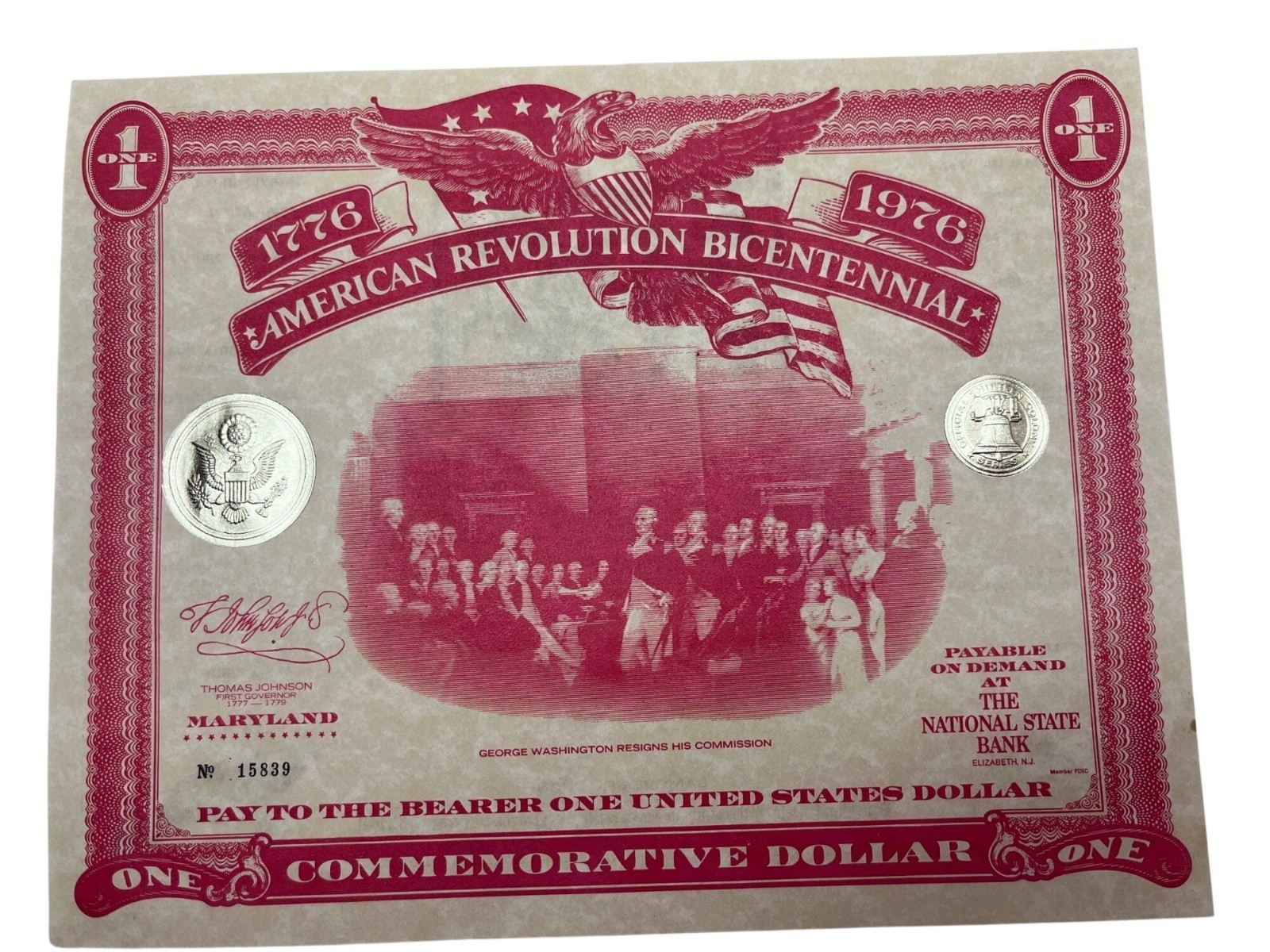 1776-1976 American Revolution Bicentennial Commemorative Dollar Certificate Mary