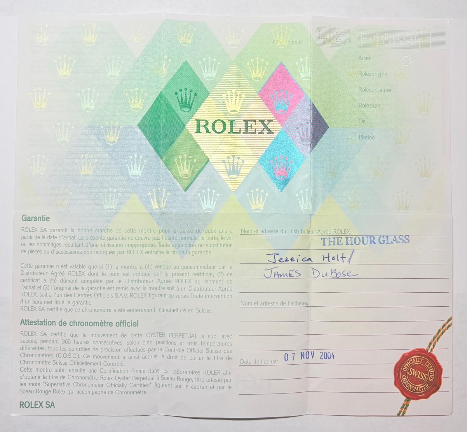 Authentic Rolex 16220 Datejust Warranty Certificate Guarantee 2000s F Serial