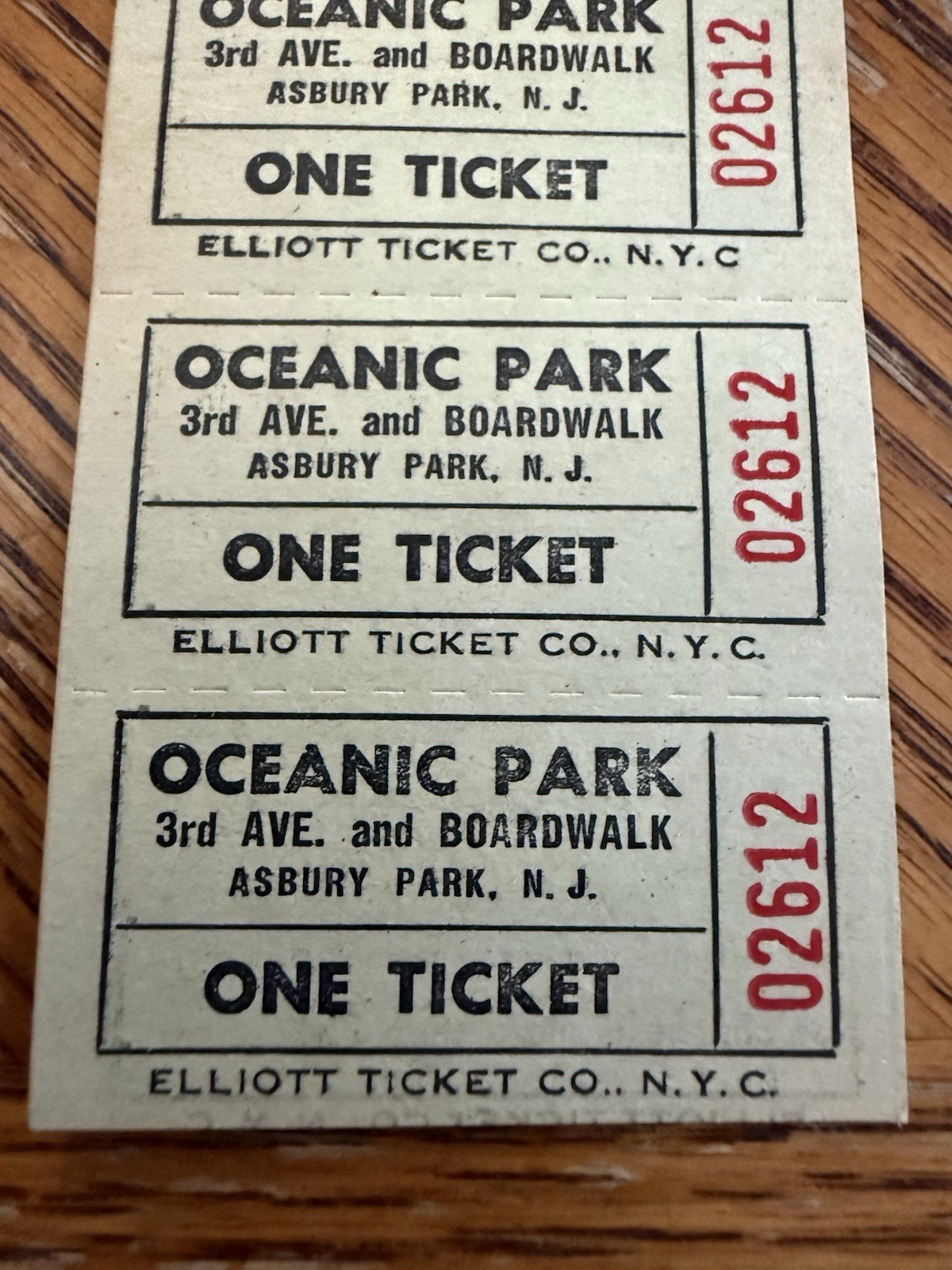 Oceanic Park Asbury Park NJ Boardwalk Amusement Ride Ticket Strip Elliott Co NYC