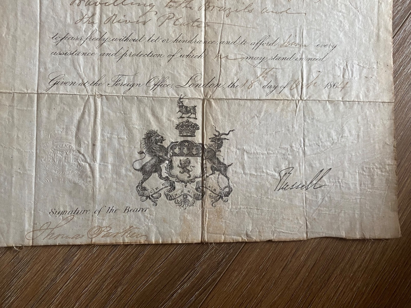 BRAZIL INTEREST – 19TH CENTURY LICENSE TO TRAVEL TO BRAZIL AND RIVER PLATE 1864