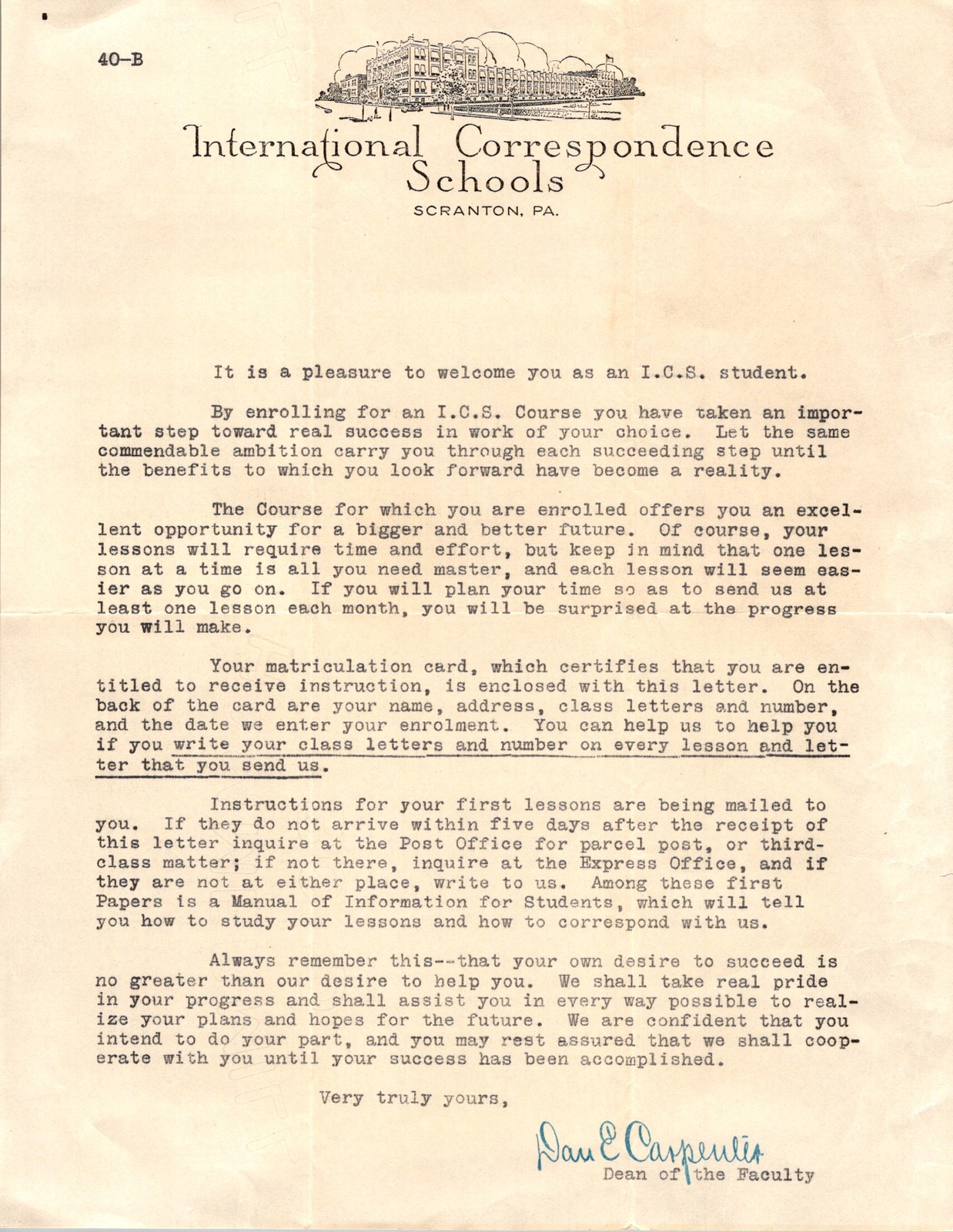 1969 I.C.S. Scranton PA Dean’s Welcome Letter 40-B Form Correspondence