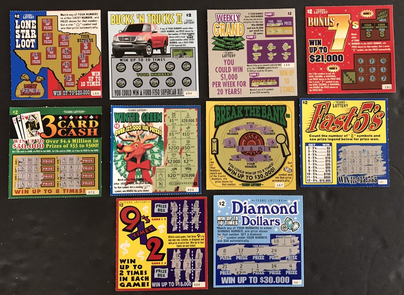 TX Instant Lottery Tickets, from 1980s- early 2000s , Lot Lg2, no cash value