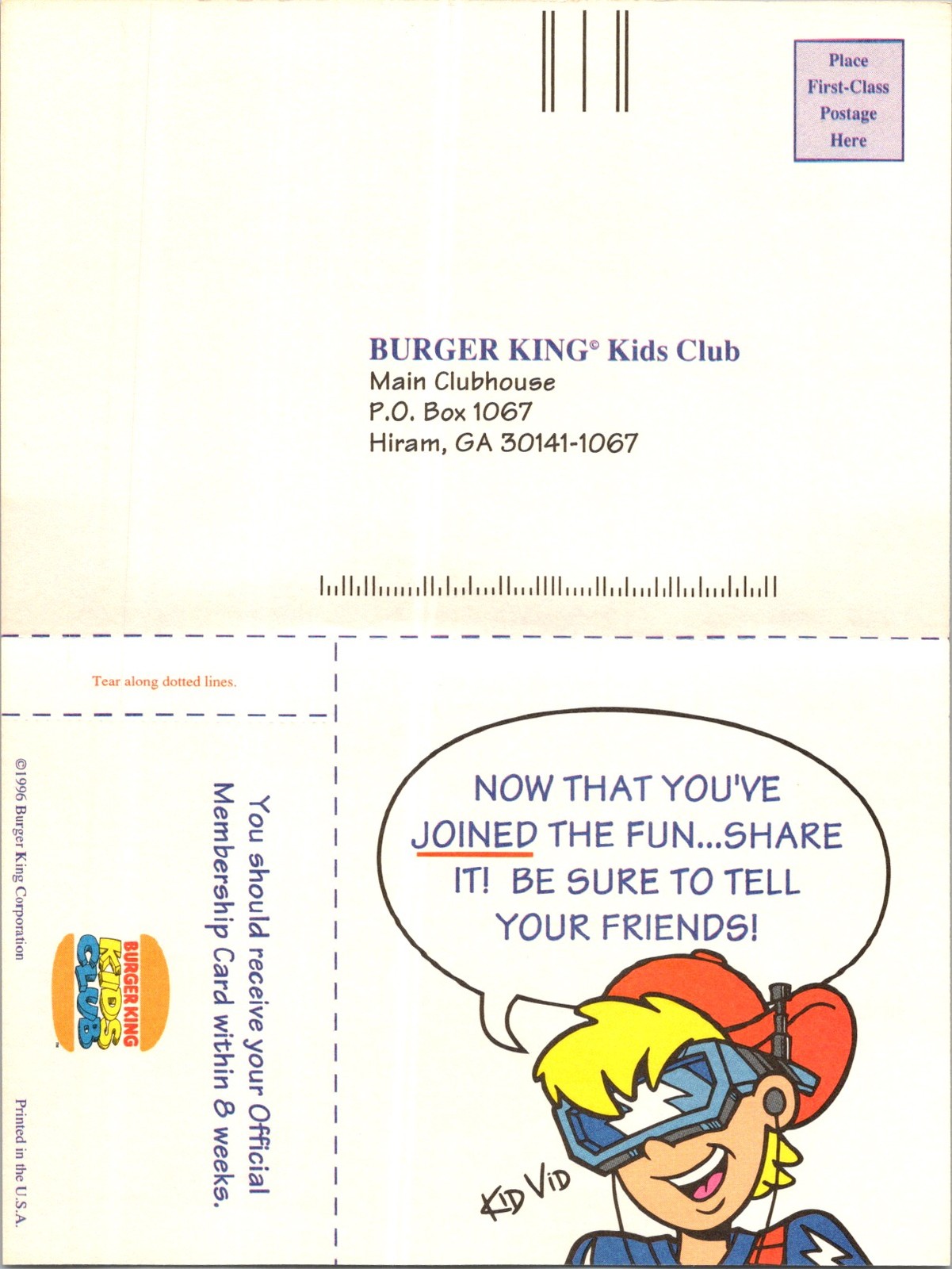 1996 Burger King Kids Club Membership Application Hiram GA Fun Design