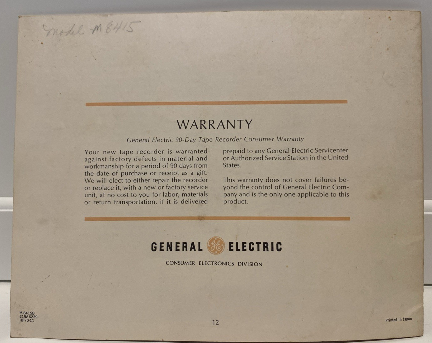 Vtg General Electric Model M8415B Cassette Tape Recorder Owner’s Manual 1970 EUC